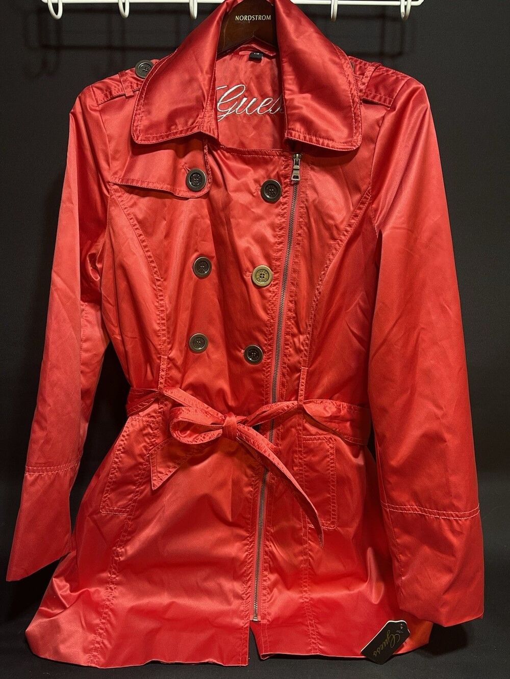Guess Red Iridescent Jacket NWT Zipper Plus Decorative Buttons & Belt #0284